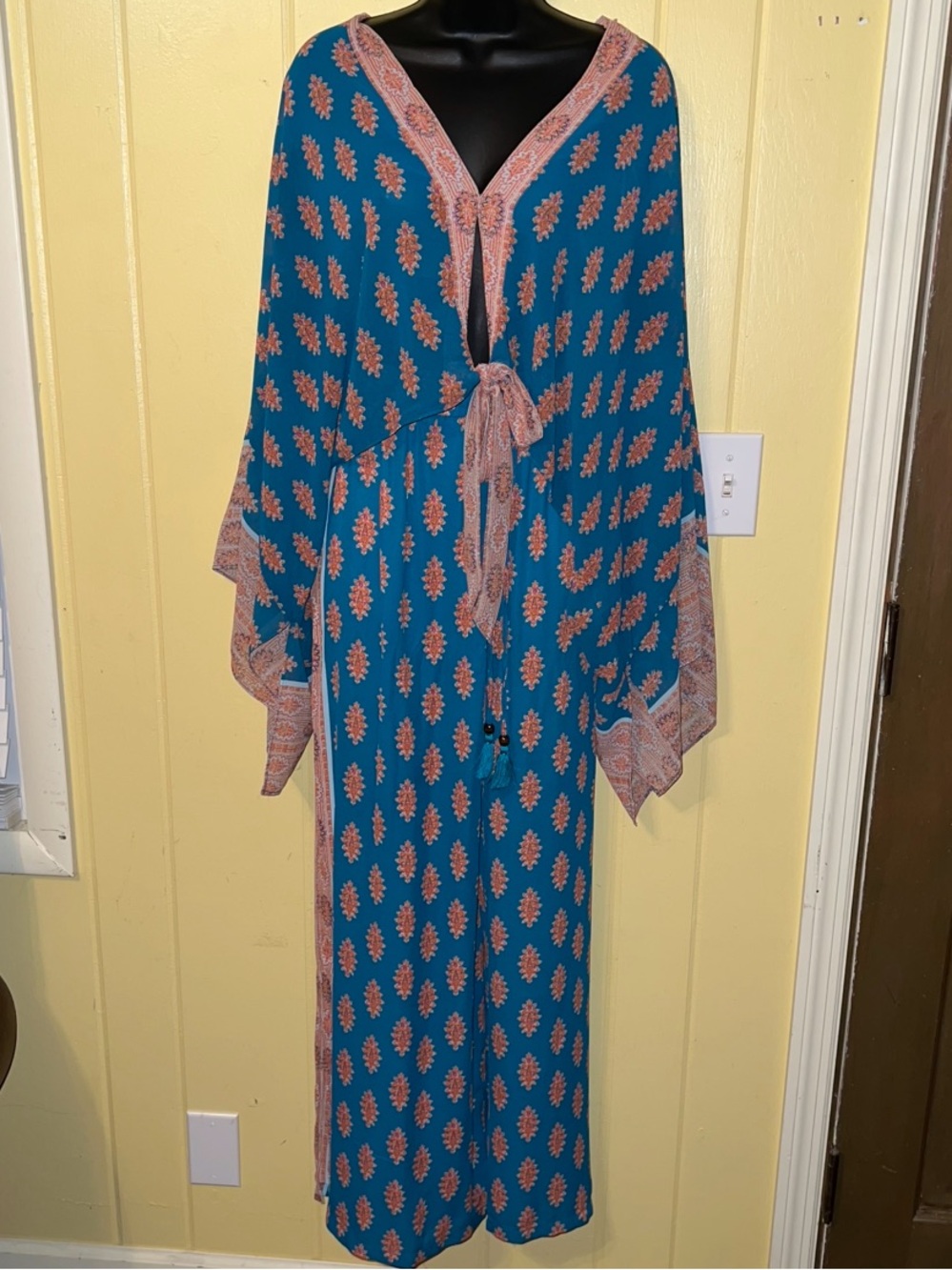 Rose & Olive Teal Blue Boho Sheer Orange Two Piece Wide Leg Flowy Set Size XL